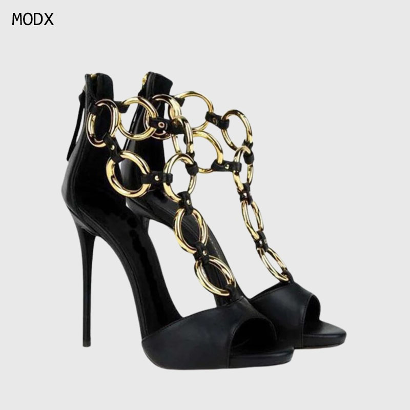 Gold Chain Sandal - Kadın Siyah Deri Altın Zincir Bağlantılı