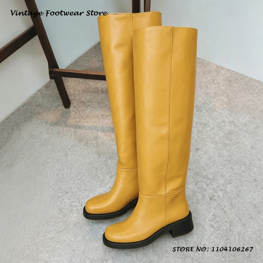 Women'S Shoes Yellow - Sarı PU Deri Diz Boyu Botlar,