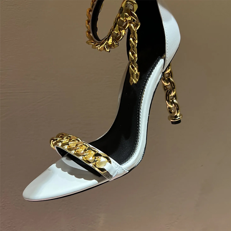 Gold Chain Sandal - Seksi Altın Zincirli Topuklu Sivri Burunlu